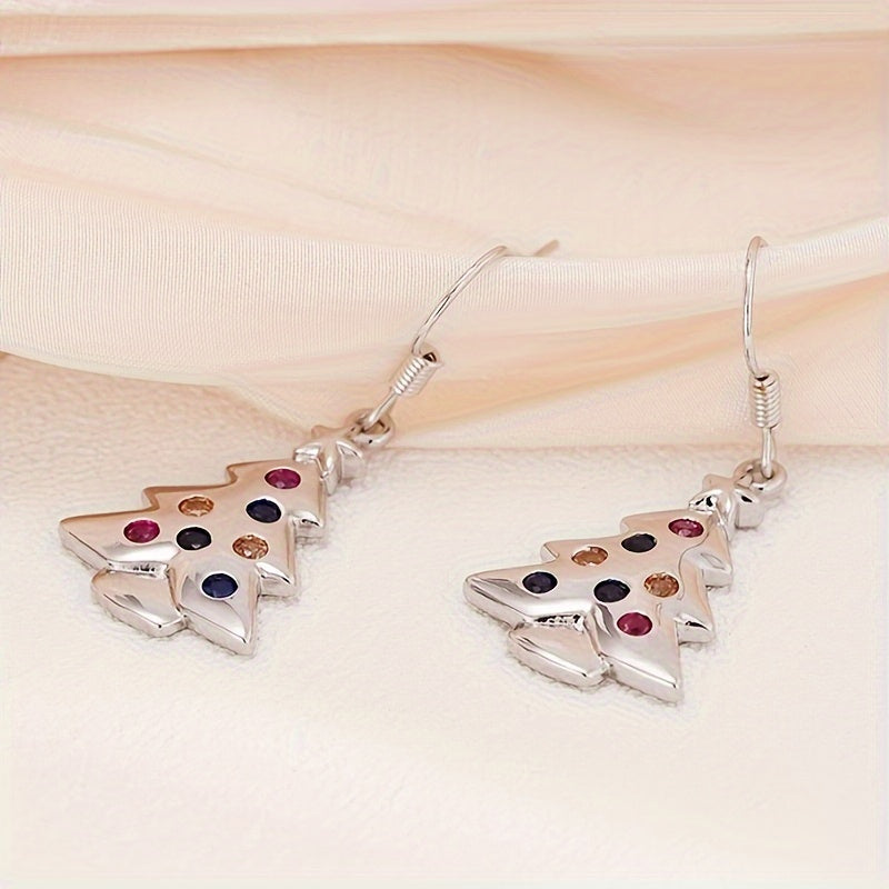 Elegant Christmas Tree Drop & Dangle Earrings for Women, Colorful Synthetic Cubic Zirconia, Cute Holiday Themed Copper Hook Earrings with Nickel-Free Plating, Ideal for Daily and Party Occasions - 1 Pair
