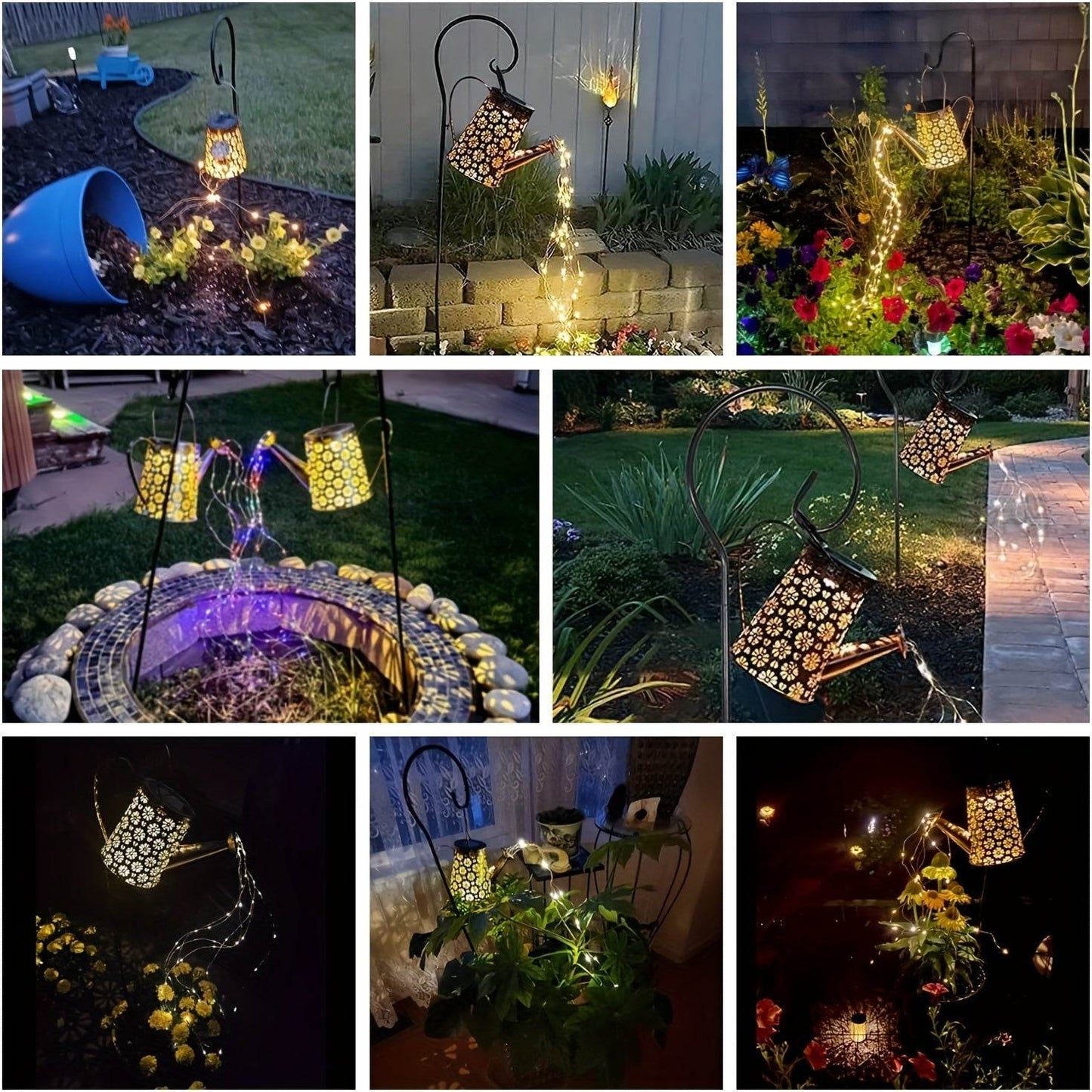 Solar Watering-Can Cascading White & Coloured String Fairy Lights