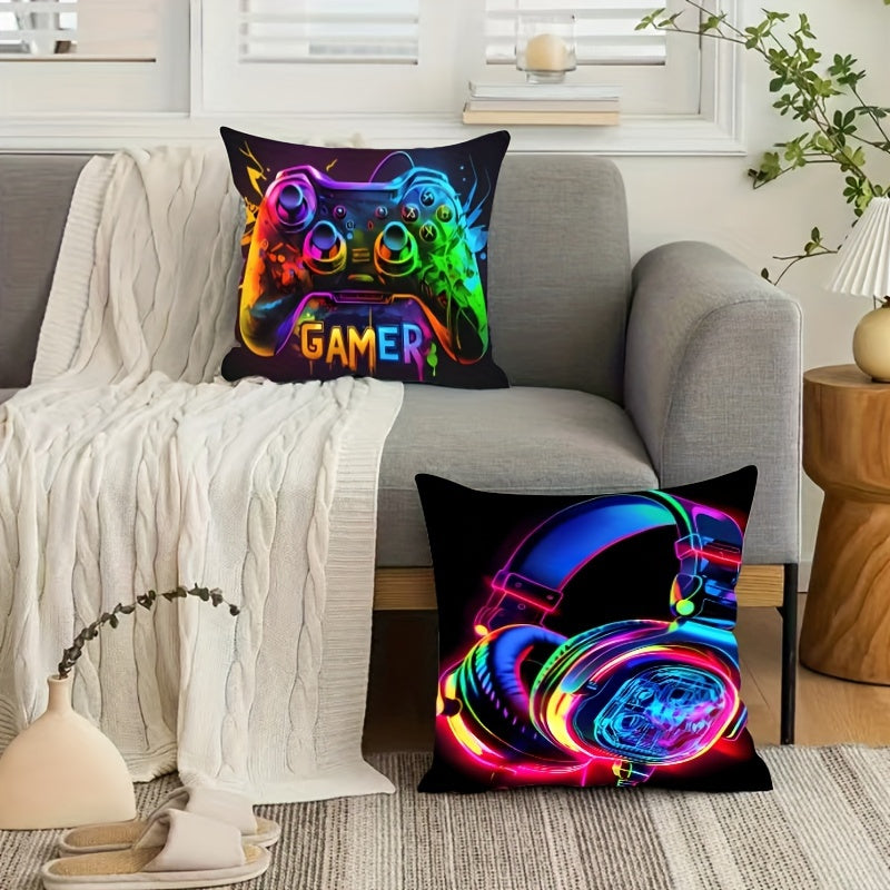 2pcs Soft & Cozy Gamer Headphone Design Plush Pillow Covers - 17.7"x17.7" Machine Washable, Hypoallergenic, and Gentle on Skin Home Decor for Living Room and Bedroom - Inserts Not Included