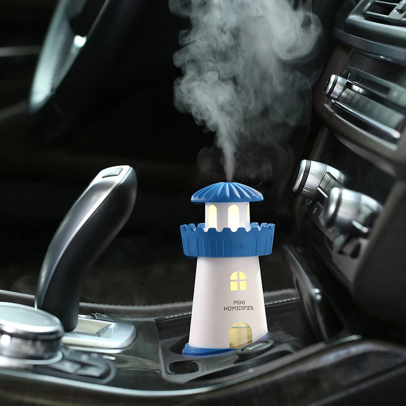LED Lighthouse Humidifier Car Ultrasonic Mist Maker Fogger Essential Oil Diffuser Aroma Light Car air freshener