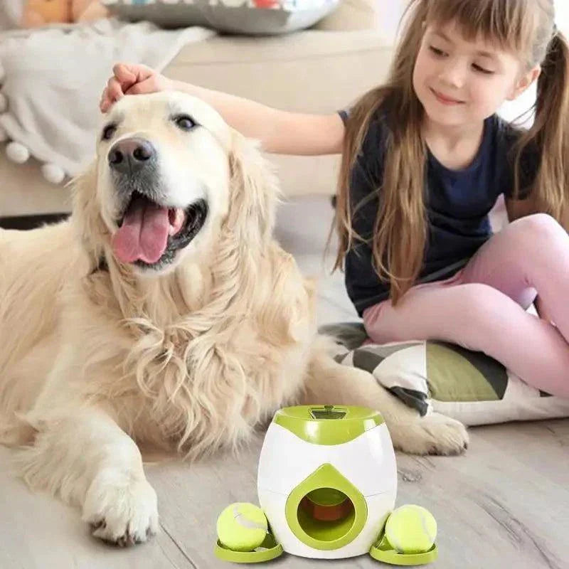 Interactive Dog Ball Thrower with Treat Dispenser and Child Playing with Dog Indoors