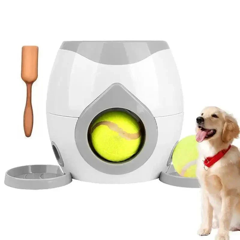 Interactive dog ball thrower with treat dispenser, durable ABS plastic, easy to clean, and no batteries needed.
