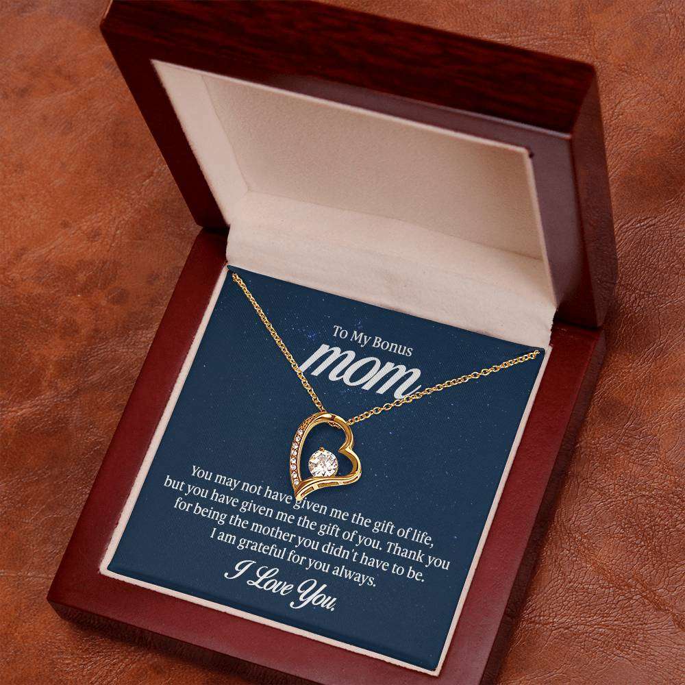 Forever Love Necklace for Bonus Mom in mahogany gift box with heartfelt message.