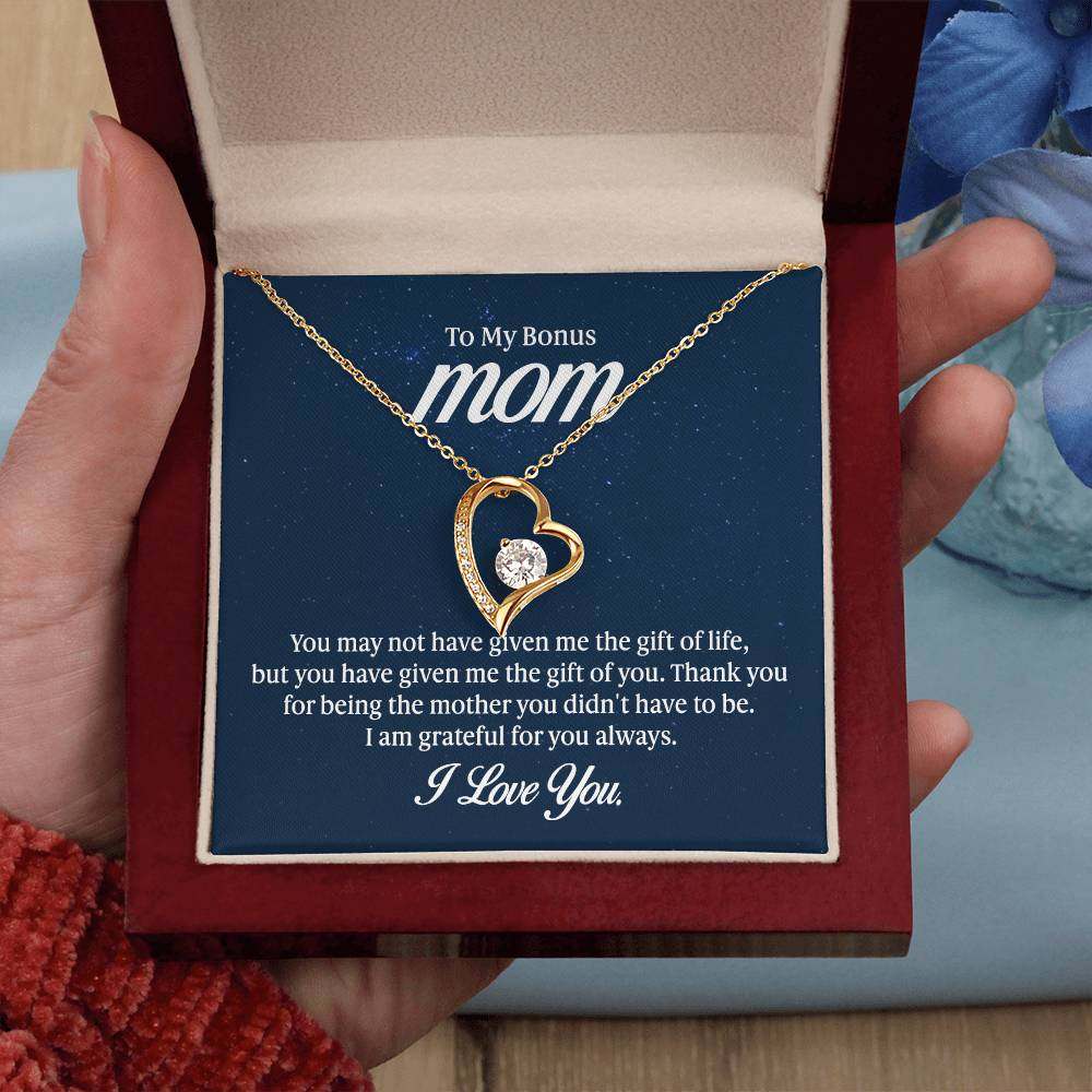 Forever Love Necklace for Bonus Mom with CZ crystal in gold finish and heart pendant.