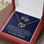 Everlasting Love Necklace in gift box with heartfelt message card for wife, featuring intertwined 10K gold hearts and 18 diamonds.