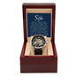 Openwork watch with skeleton dial, genuine leather strap, in luxury mahogany box, gift for son from mom and dad.
