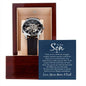 Openwork watch for son from mom & dad, features a skeleton dial and genuine leather strap, packaged in a mahogany style box.