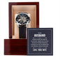 Openwork watch with skeleton dial and genuine black leather band in mahogany gift box, perfect for husbands.