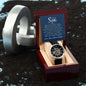 Men's openwork watch in mahogany gift box with black leather band and skeleton dial for son.