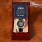 Openwork men's watch with black leather band, skeleton dial, in mahogany gift box, ideal gift from wife to husband.