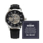 Men's openwork watch with genuine leather strap and skeleton dial, gift for husband from wife.