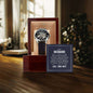 Men's openwork watch with skeleton dial in luxury mahogany gift box.