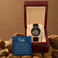 Openwork men's watch with genuine leather strap and skeleton dial in mahogany gift box.