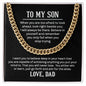 Cuban link chain in gold with a heartfelt message from dad to son, displayed on a gift box.