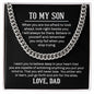Cuban Link Chain for Son from Dad in polished stainless steel, accompanied by an inspirational message.