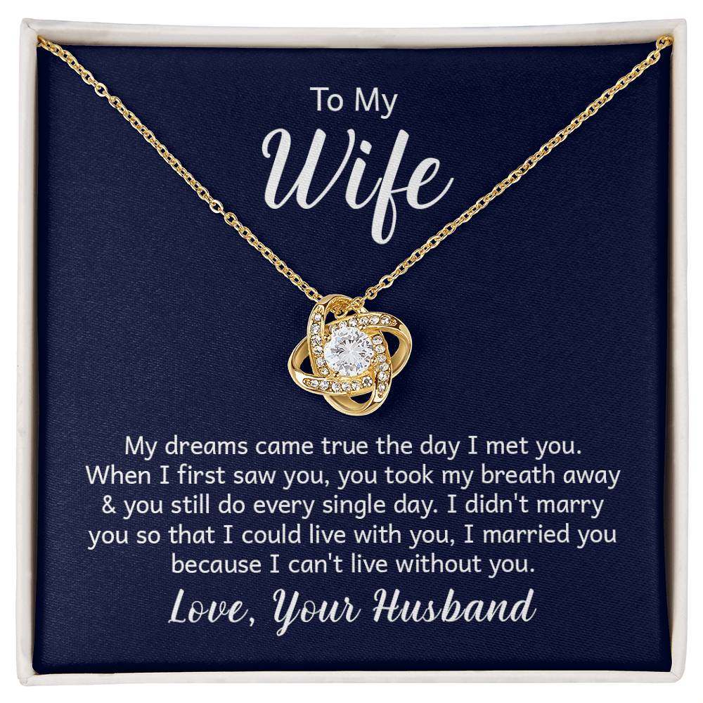 Love Knot Necklace with cubic zirconia for wife from husband, 14k gold over stainless steel, adjustable chain.