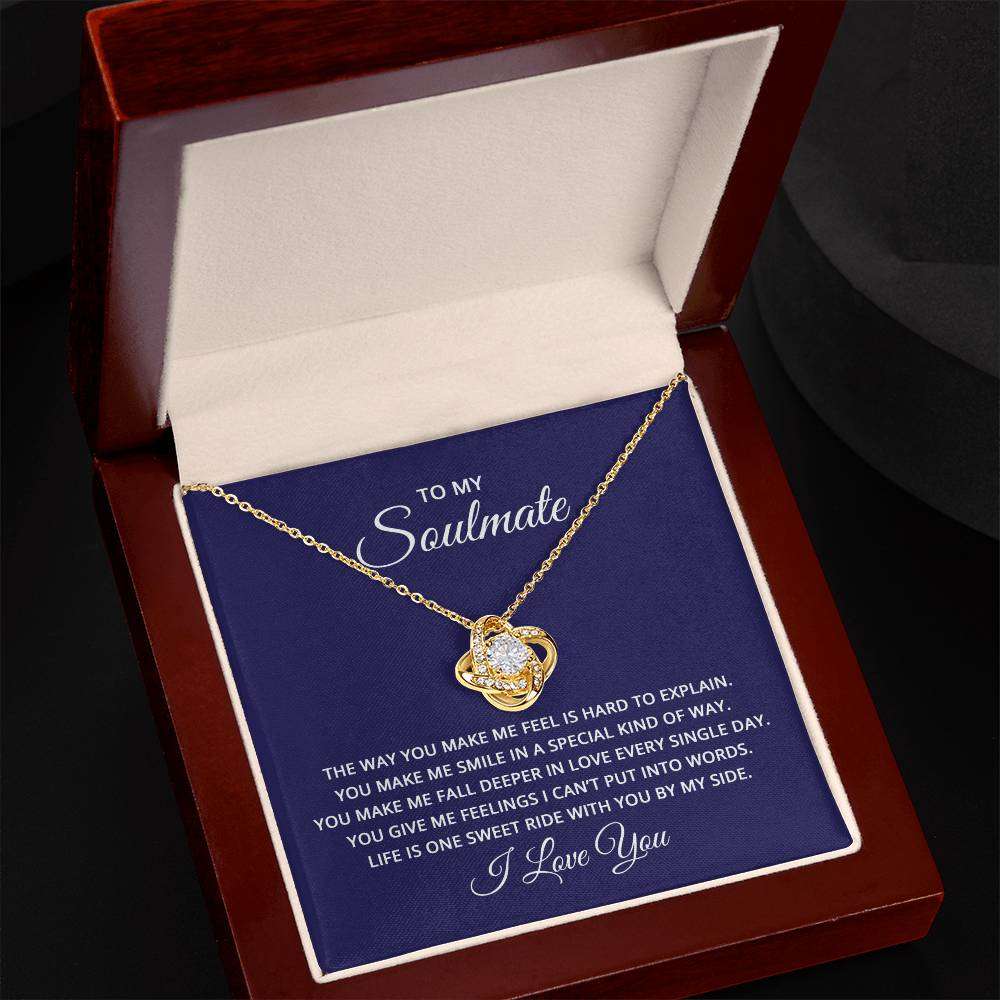 Love Knot Necklace for Soulmate in elegant gift box with heartfelt message, featuring cubic zirconia and 18k or 14k gold over stainless steel.