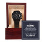 Black chronograph watch with luxury copper dial in gift box with heartfelt message for husband.