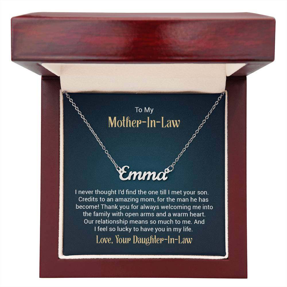 Customised name necklace for mother-in-law in gift box with personal message.