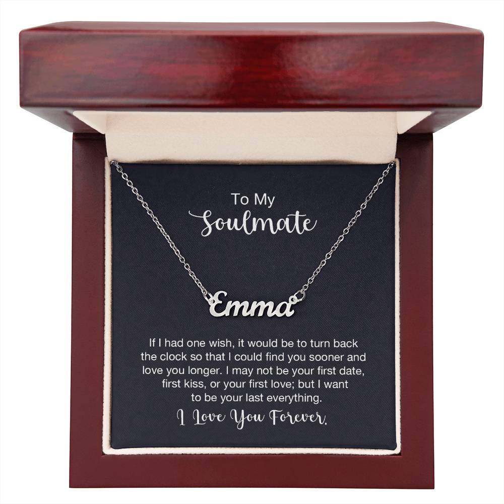 Custom name necklace for soulmate in luxury gift box with heartfelt message.