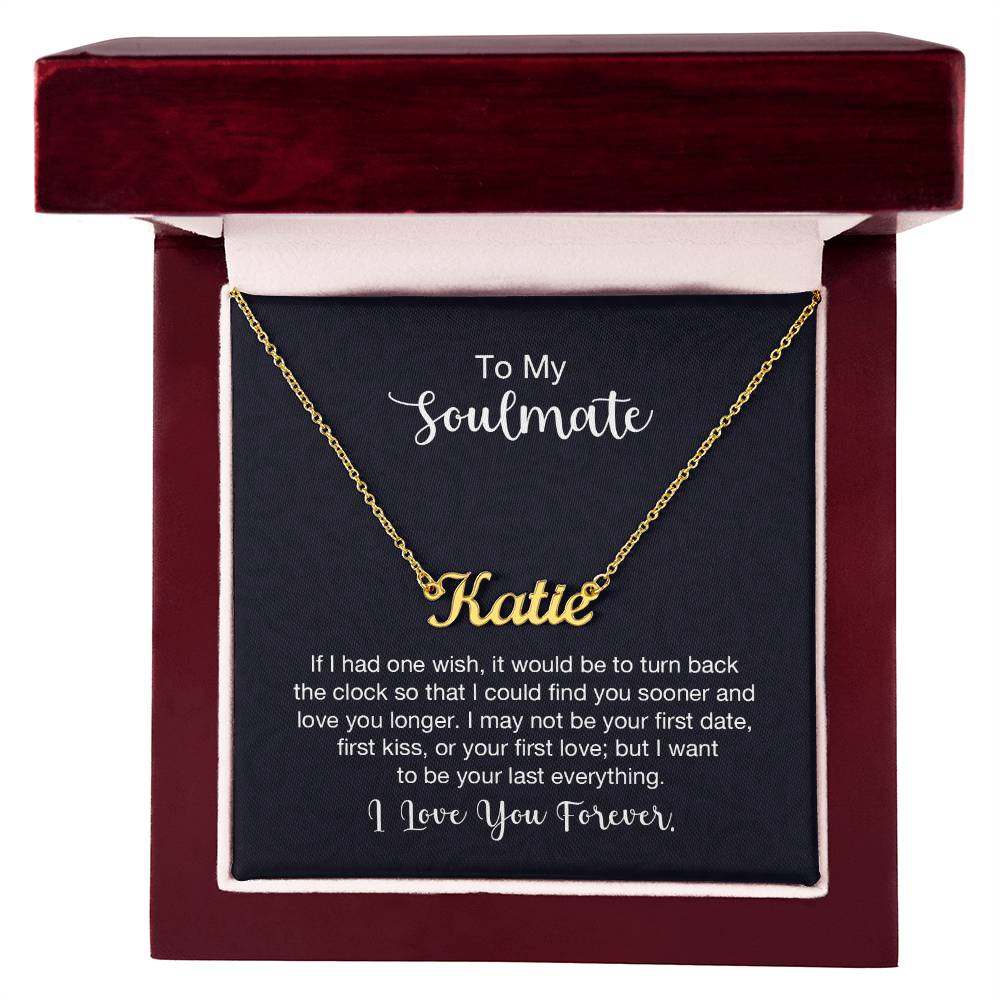 Custom name necklace for soulmate in gift box with gold finish and personalized engraving.