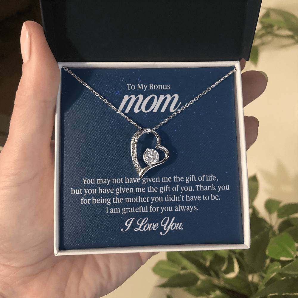 Forever Love Necklace for Bonus Mom with Heart Pendant and CZ Crystals in Gift Box