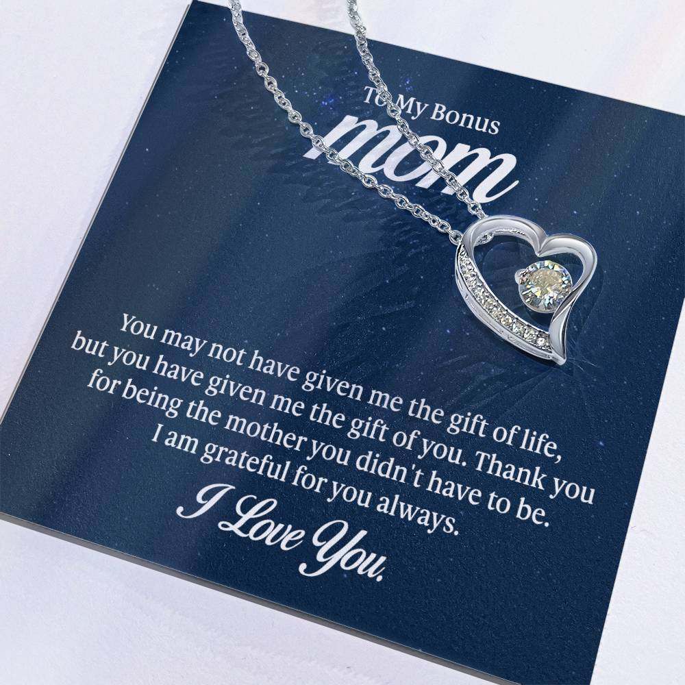 Forever Love Necklace for Bonus Mom with CZ crystal heart pendant on gift card.