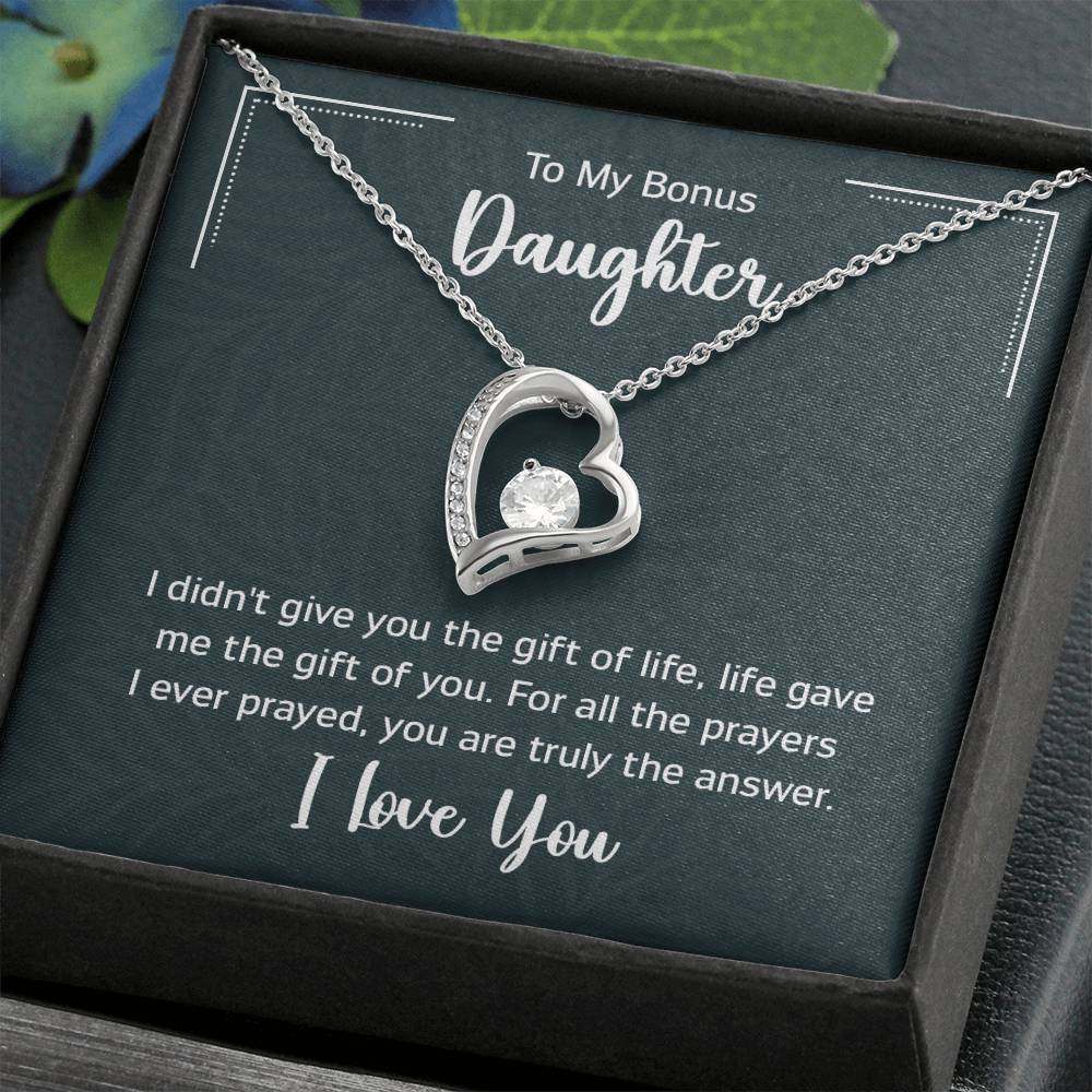 Forever Love Necklace for Bonus Daughter with CZ Crystal in Heart Pendant on Gift Card