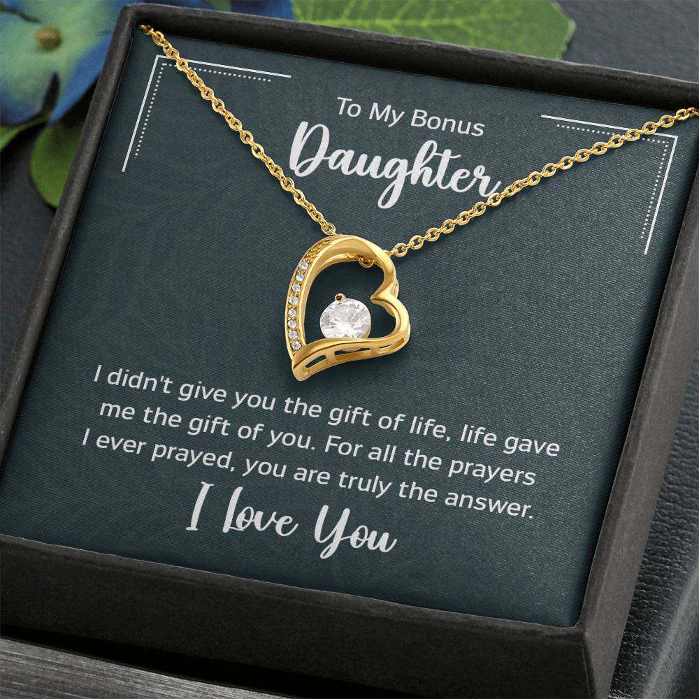 Forever Love Necklace for Bonus Daughter with heart pendant and CZ crystal in a gift box.