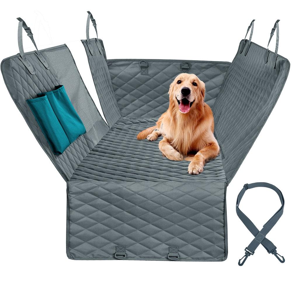 Dog car seat cover with secure design, adjustable straps, water-repellent material, and pet seat belt included.