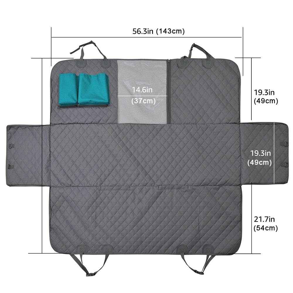 Dog car seat cover with adjustable anchors, heavy-duty water-repellent material, and dimensions of 143cm wide by 152cm length.