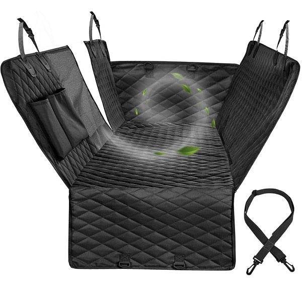 Dog car seat cover in black, featuring durable design, adjustable fit, water-repellent material, includes seat belt and door straps.