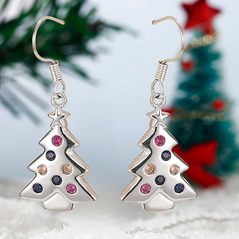 Elegant Christmas Tree Drop & Dangle Earrings for Women, Colorful Synthetic Cubic Zirconia, Cute Holiday Themed Copper Hook Earrings with Nickel-Free Plating, Ideal for Daily and Party Occasions - 1 Pair