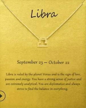 Zodiac Sign Pendant Necklace with Libra design on a gold chain, personalized celestial charm.