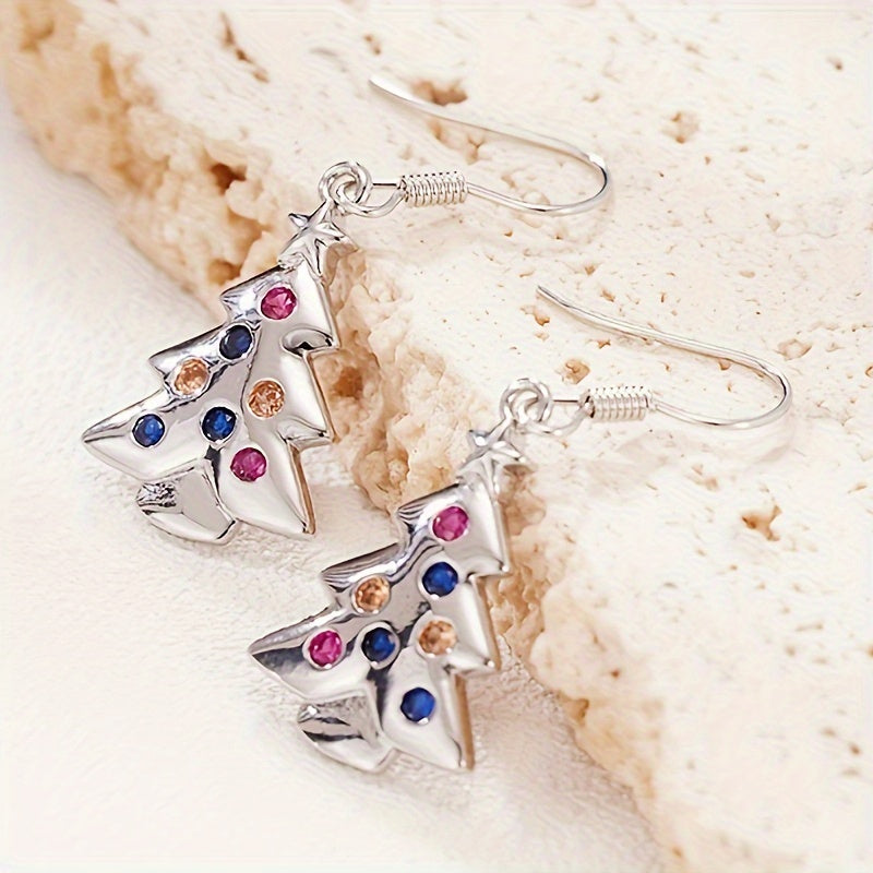 Elegant Christmas Tree Drop & Dangle Earrings for Women, Colorful Synthetic Cubic Zirconia, Cute Holiday Themed Copper Hook Earrings with Nickel-Free Plating, Ideal for Daily and Party Occasions - 1 Pair