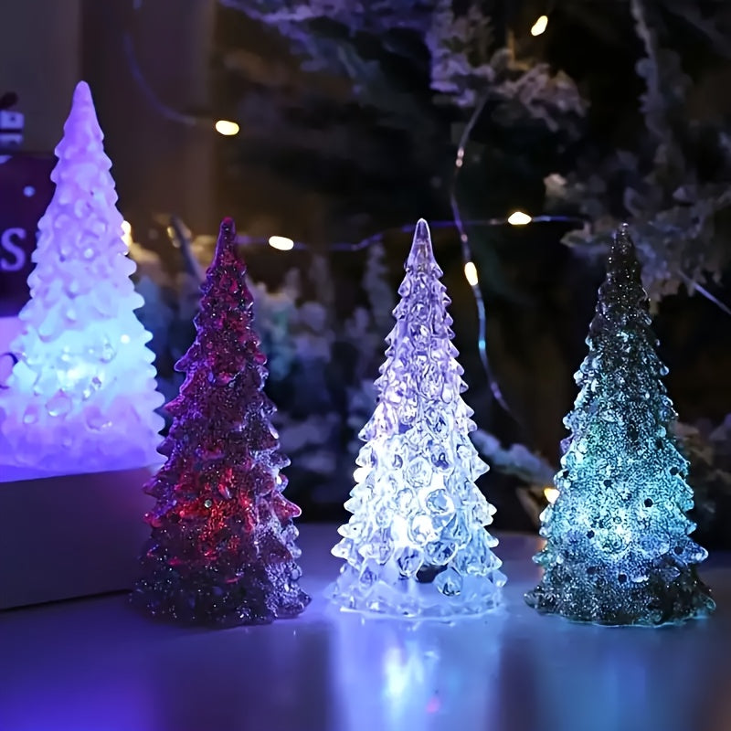 Shun Fei Mini Acrylic Christmas Tree Night Light - 7 Color Changing LED, Battery Operated, Non-Rechargeable Button Cell, Perfect for Holiday Decor, Weddings, Bedroom - 1pc/2pcs Set