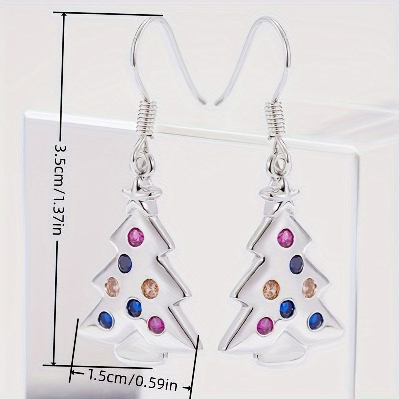 Elegant Christmas Tree Drop & Dangle Earrings for Women, Colorful Synthetic Cubic Zirconia, Cute Holiday Themed Copper Hook Earrings with Nickel-Free Plating, Ideal for Daily and Party Occasions - 1 Pair