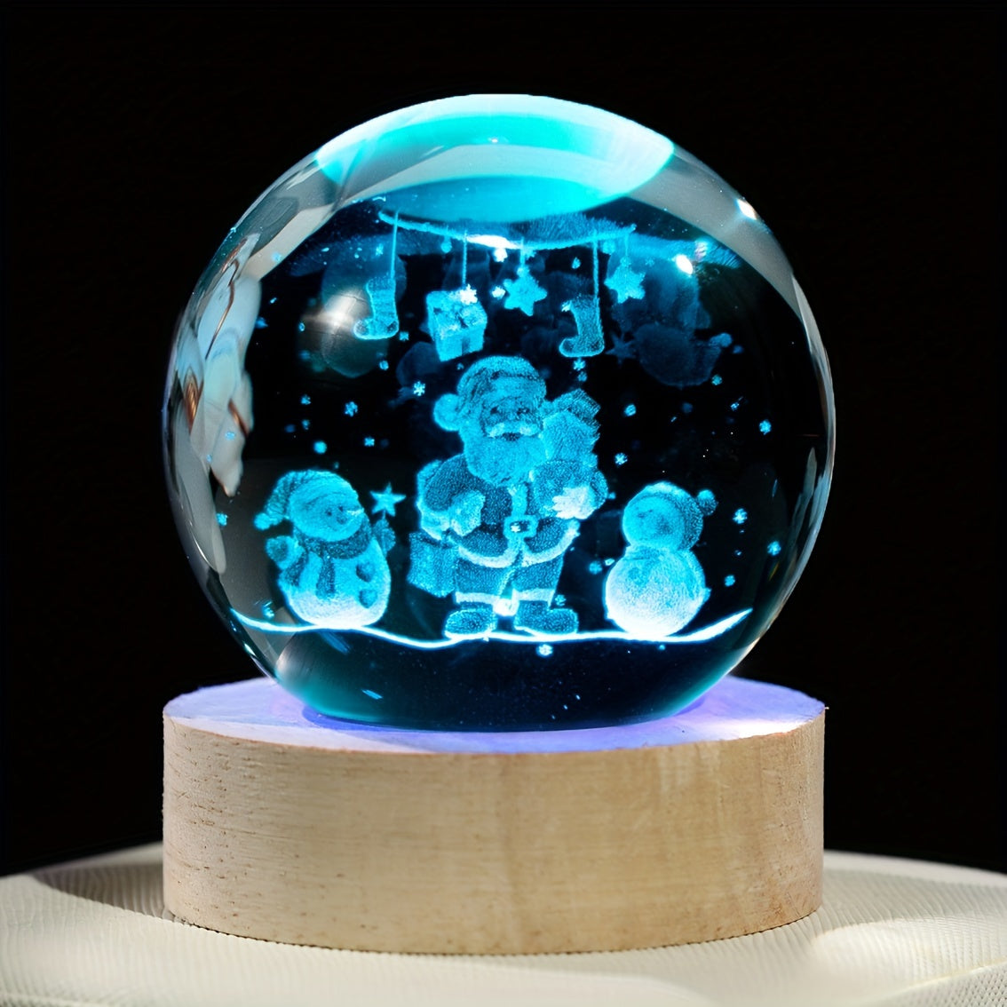 3D Engraved Crystal Glass Ball with Santa & Reindeer Design - USB-Powered Colorful Christmas Night Light, Perfect for Holiday Decor, Warm Ambiance Lighting, Ideal Gift for Friends and Loved Ones, Includes Solid Wood Base, Mul