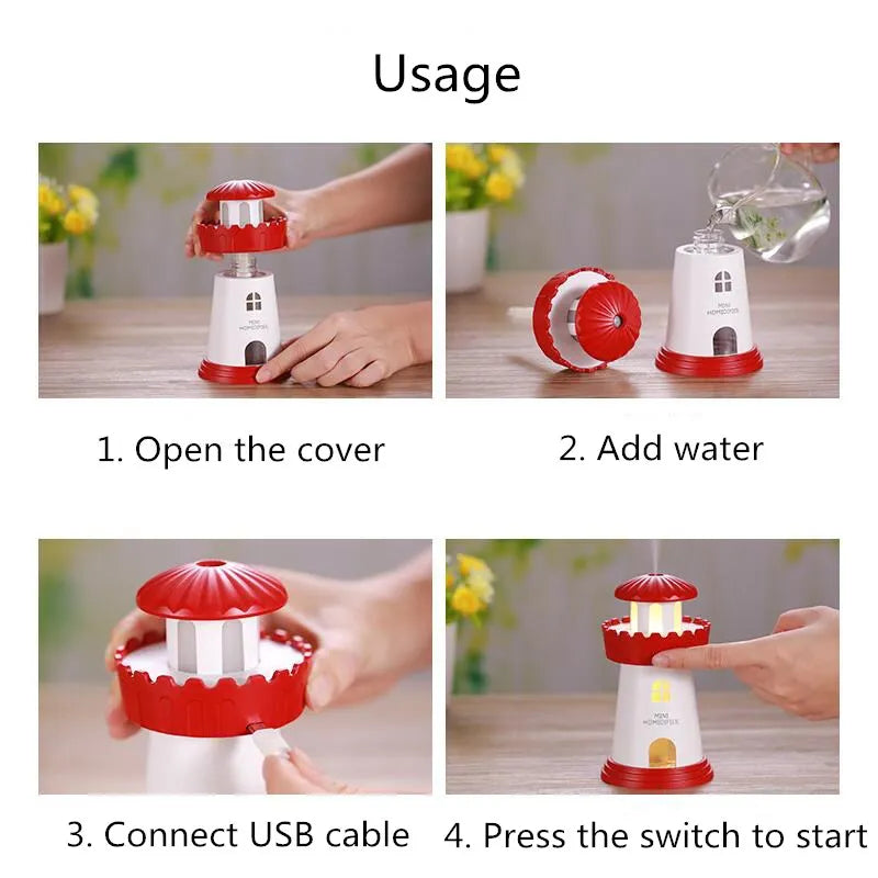 LED Lighthouse Humidifier Car Ultrasonic Mist Maker Fogger Essential Oil Diffuser Aroma Light Car air freshener