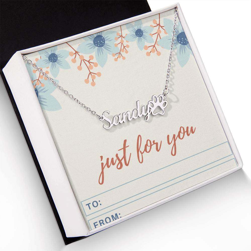 Personalized name necklace with paw print charm, stainless steel, adjustable chain, gift box included.