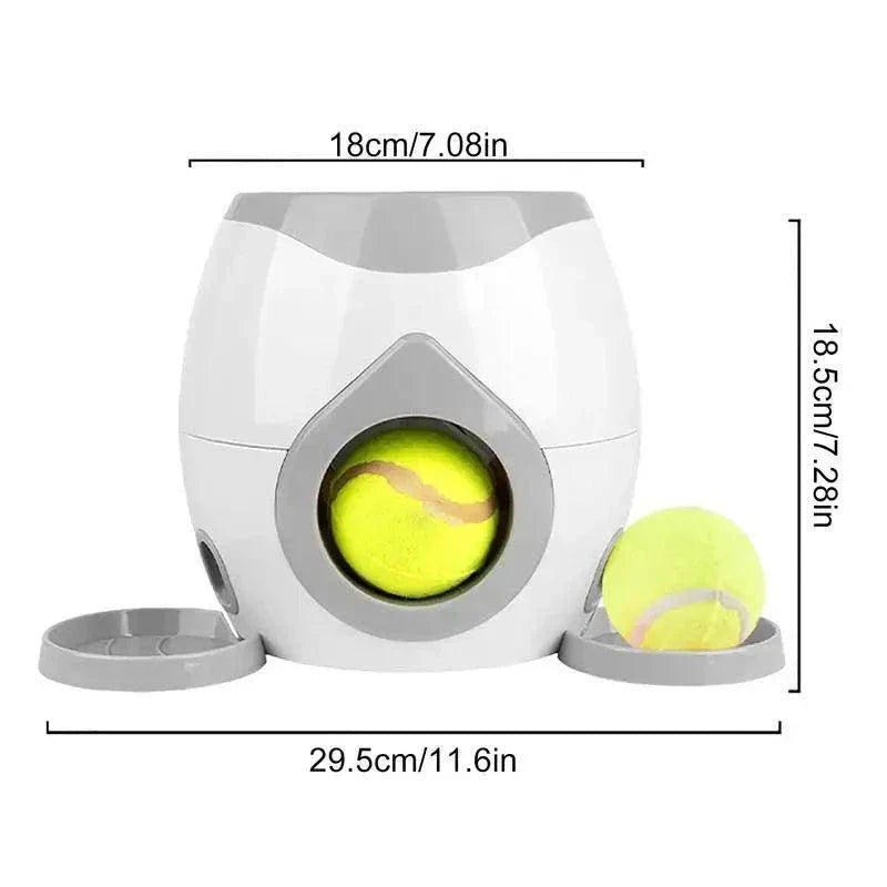 Interactive dog ball thrower with treat dispenser, durable ABS plastic, easy to clean, compact design, 29.5x18.5 cm.