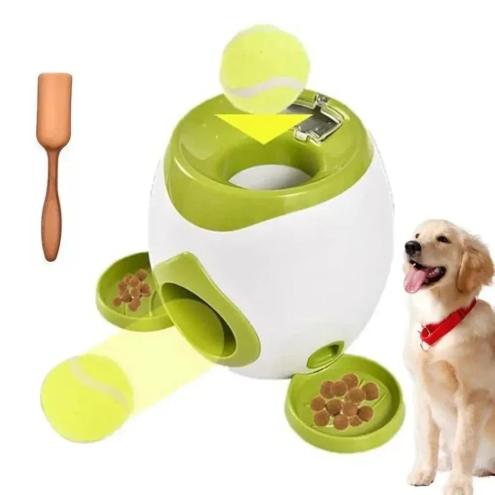 Interactive dog ball thrower with treat dispenser, durable ABS plastic, keeps dogs active and entertained.