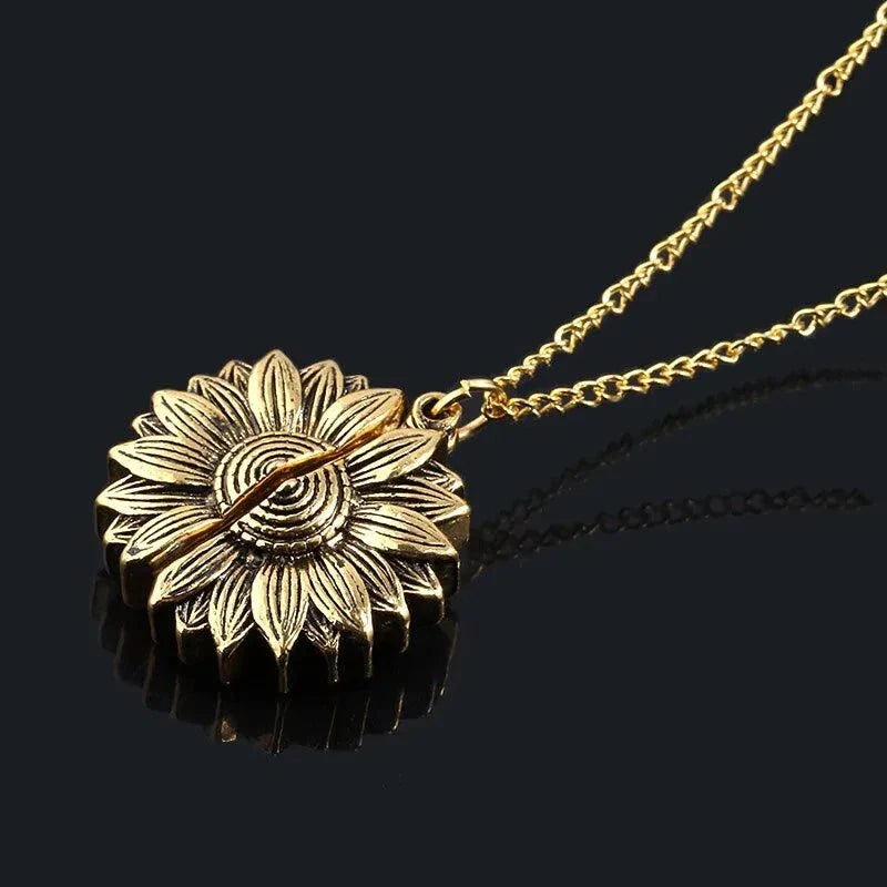 Sunflower with Hidden Message Necklace, elegant jewelry with secret personalization, free gift with shipping.