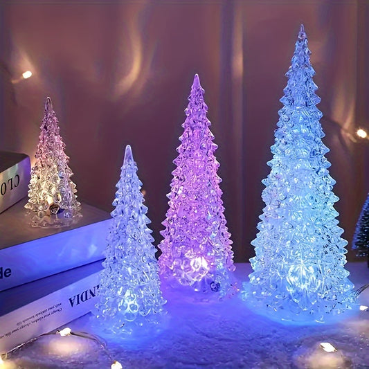 Shun Fei Mini Acrylic Christmas Tree Night Light - 7 Color Changing LED, Battery Operated, Non-Rechargeable Button Cell, Perfect for Holiday Decor, Weddings, Bedroom - 1pc/2pcs Set