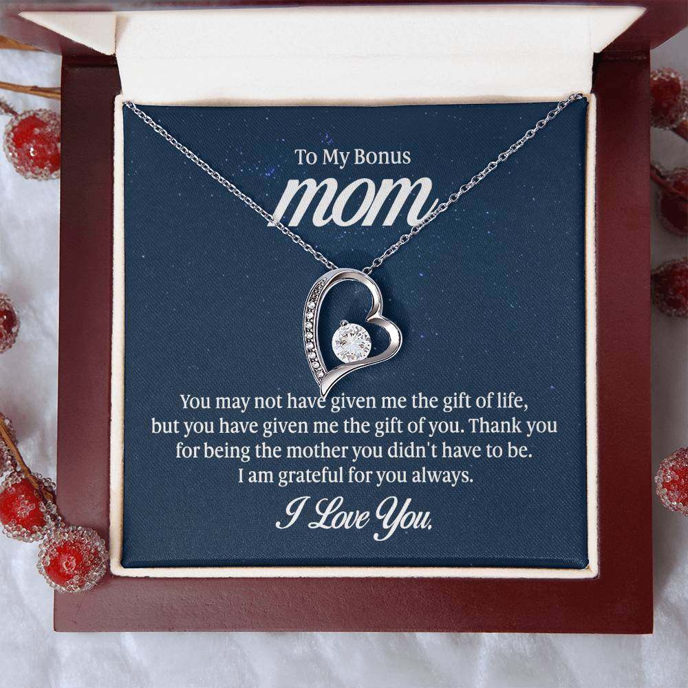 Forever Love Necklace for Bonus Mom with heart-shaped pendant and cubic zirconia, in elegant gift box.