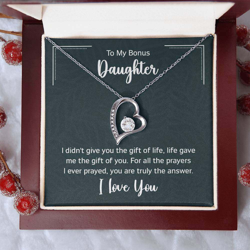 Forever Love Necklace for Bonus Daughter with heart pendant and crystals on display card.