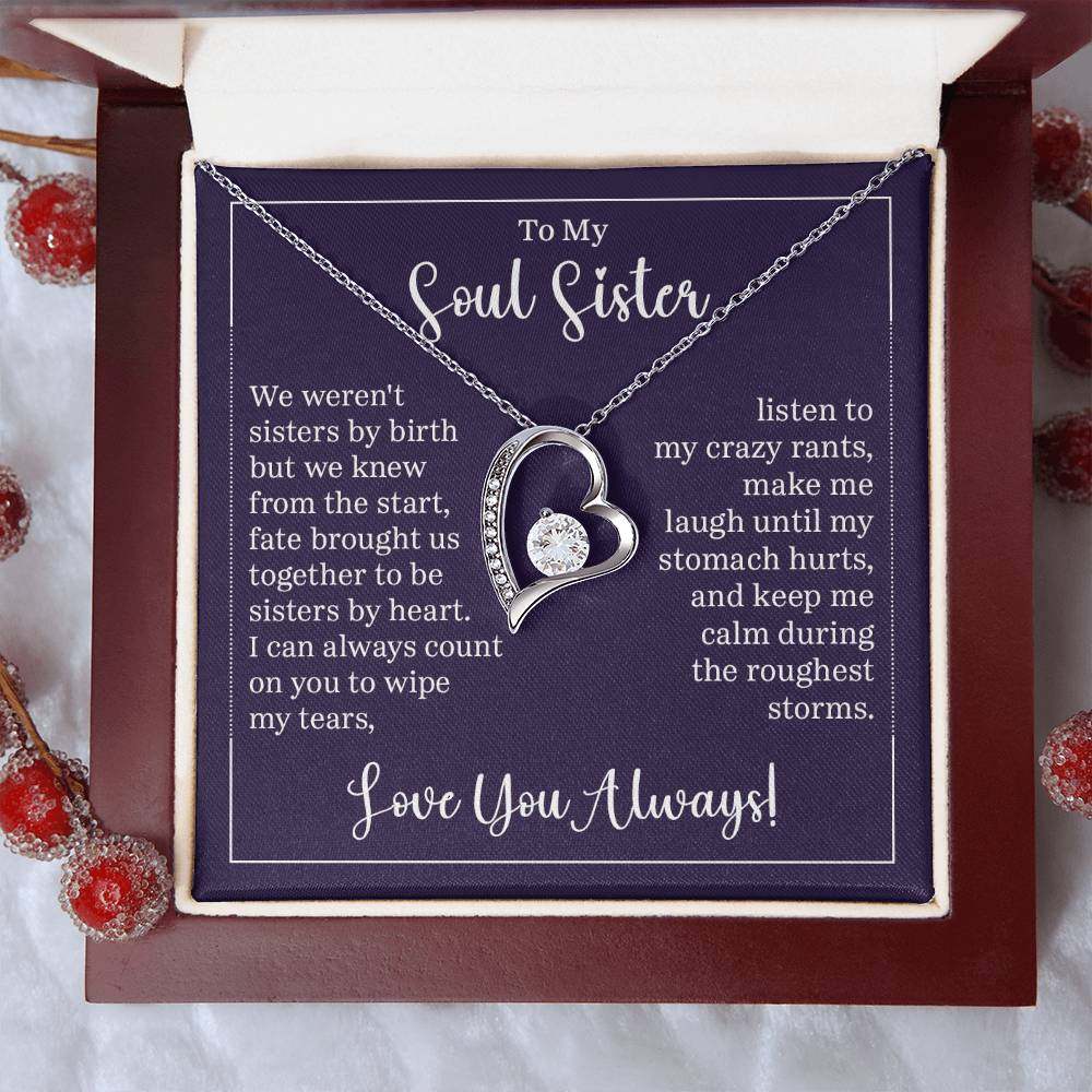 Forever Love Necklace for Soul Sister in heart-shaped box with message.