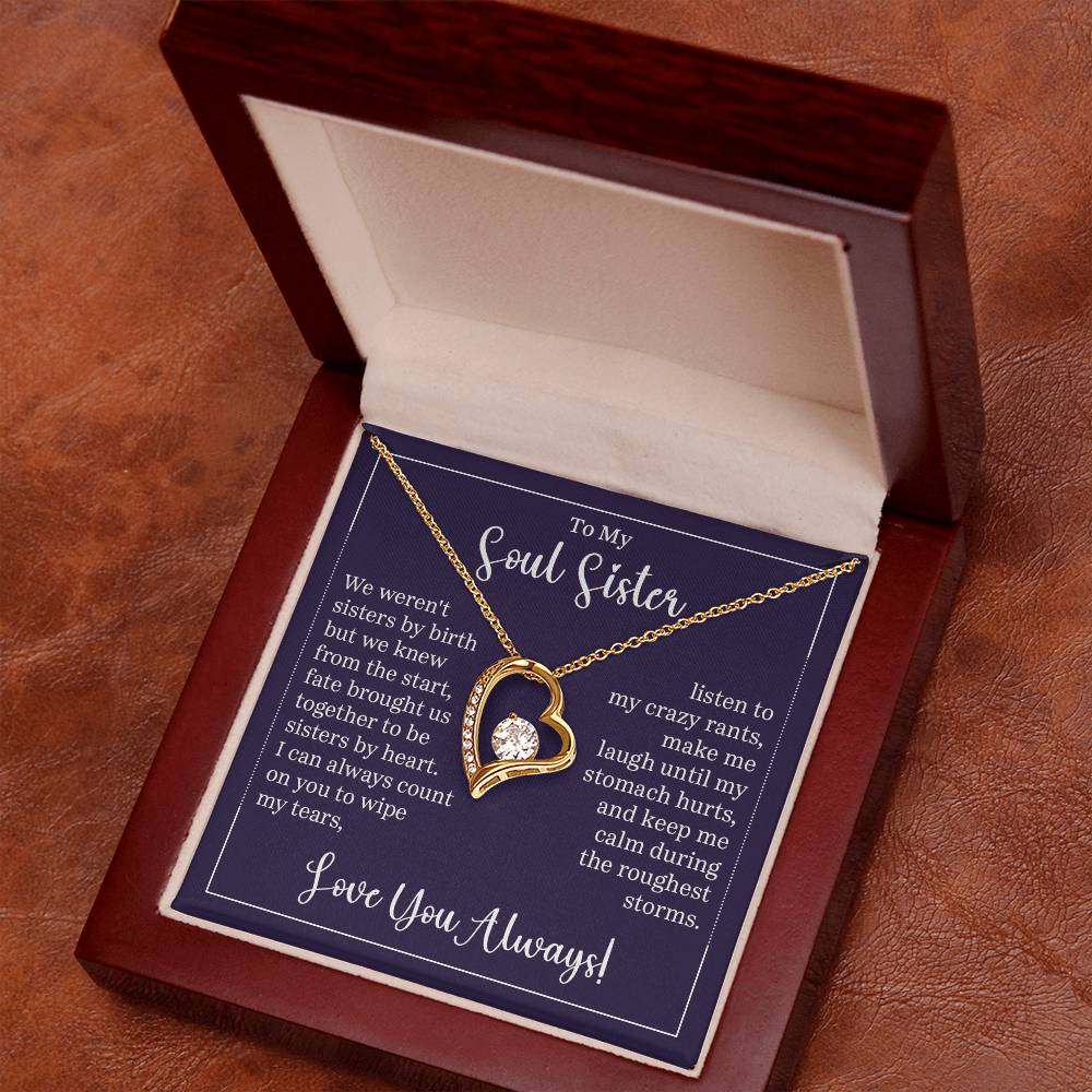 Forever Love Necklace for Soul Sister with CZ crystal and gold heart pendant in gift box.