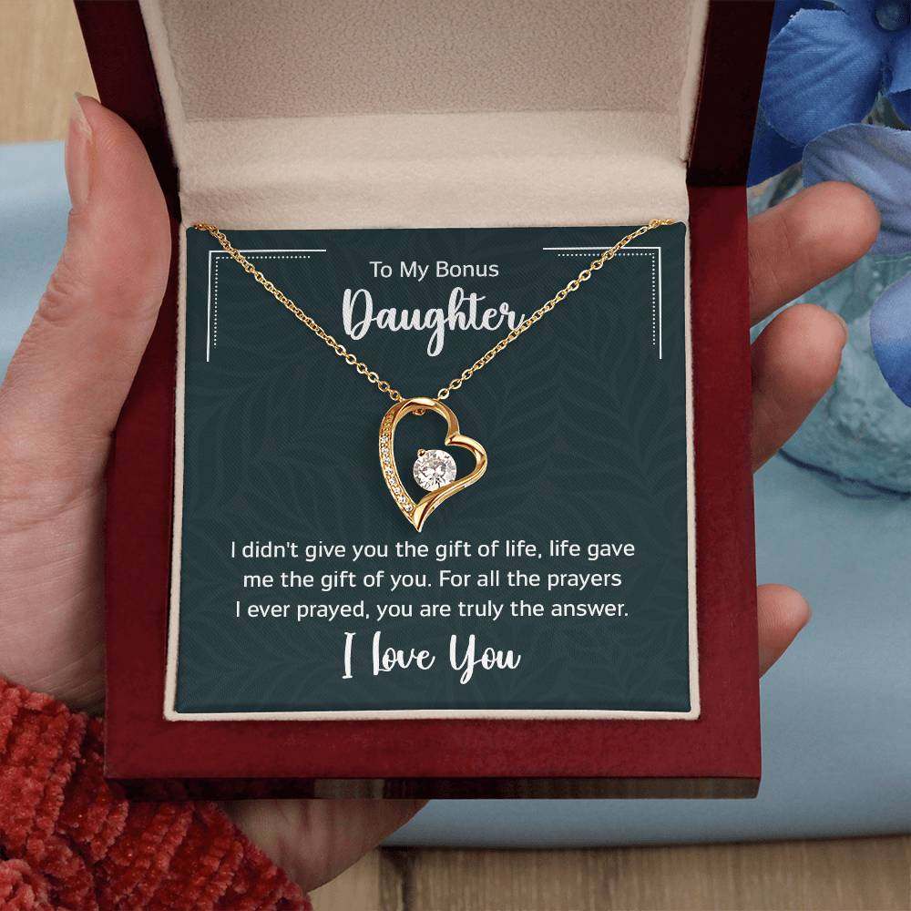 Forever Love Necklace for Bonus Daughter in gift box with heartfelt message and heart-shaped pendant with CZ crystal.