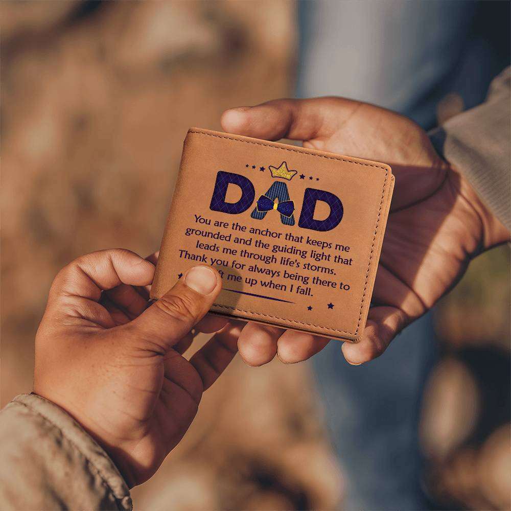 Leather wallet gift for Dad with anchor design and sentimental message.